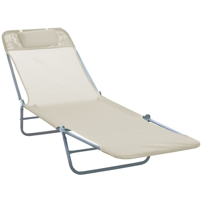 Outdoor Lounge Chair, Adjustable Reclining Folding Chaise, Beige