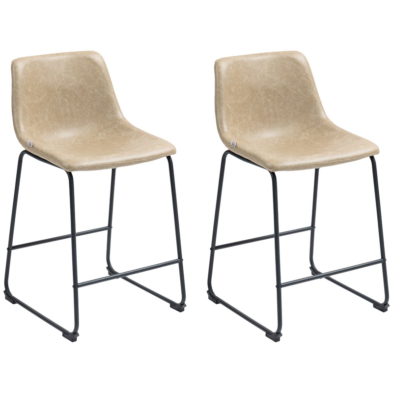 Vintage PU Leather Bar Stools Set of 2, Kitchen Stool with Footrest, Beige