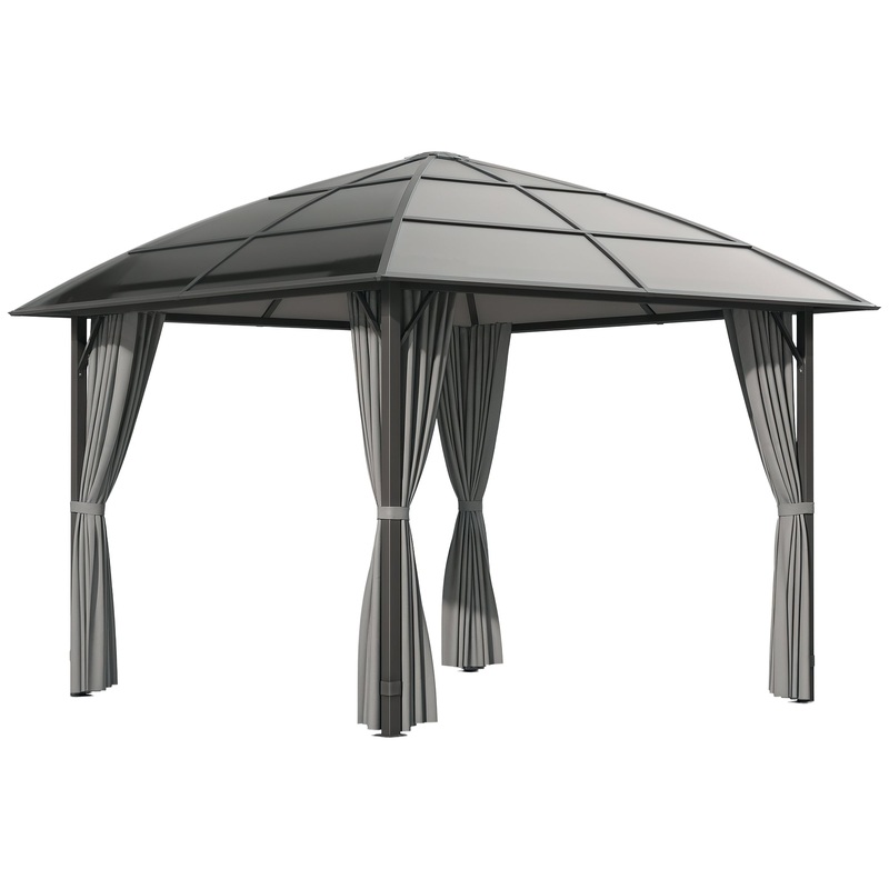 10′ x 10′ Outdoor Gazebo Canopy, Hardtop Gazebo with UV60+ Polycarbonate Roof, Steel Frame, Central Hook, and Curtains, for Garden, Lawn, Backyard, Deck, Dark Grey