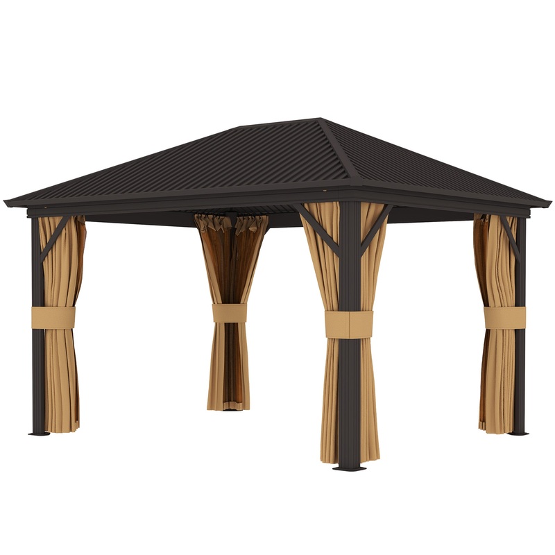 10′ x 12′ Outdoor Hardtop Gazebo Metal Roof Patio Gazebo with Aluminum Frame, Mesh Nettings, Brown