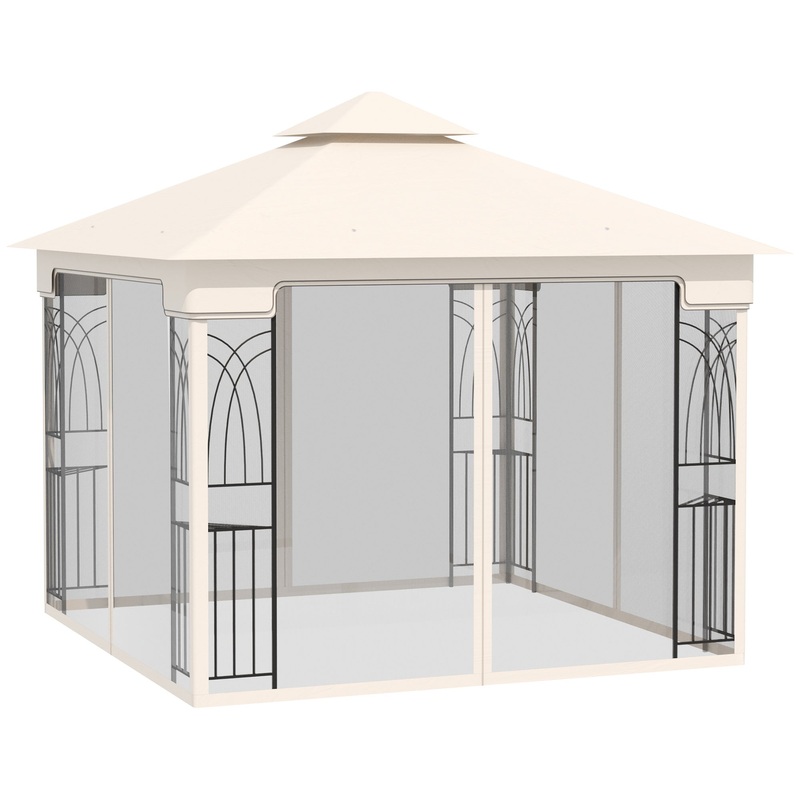 10’x10′ Soft-Top Gazebo, Double Tier Roof, Mesh Curtains, Cream