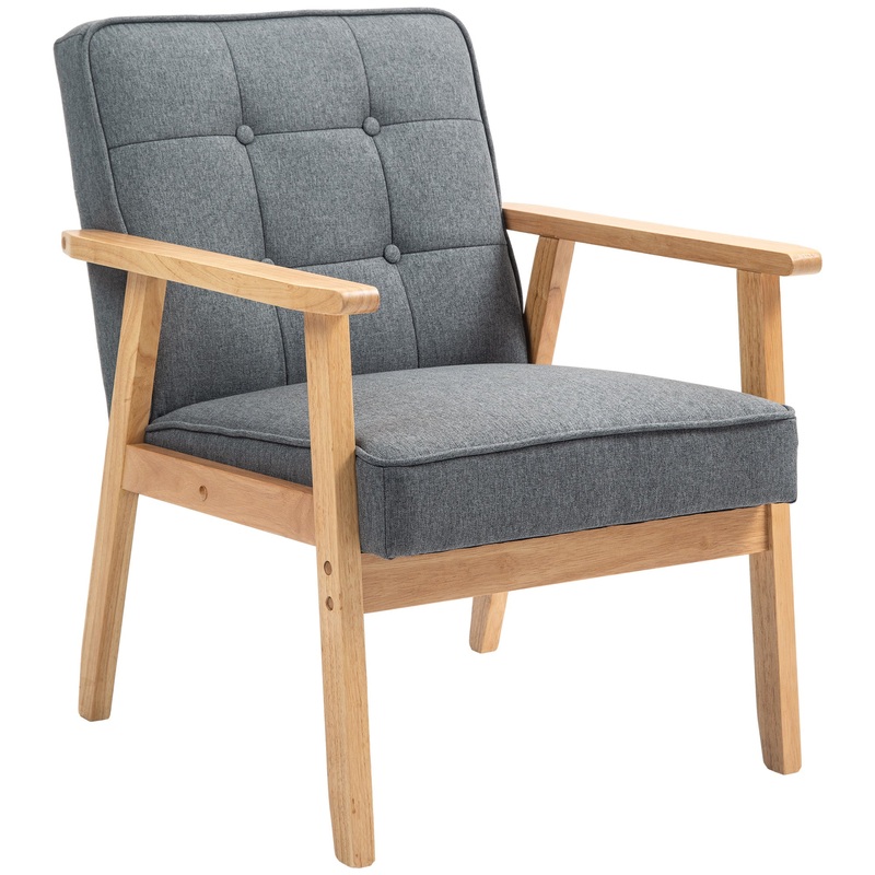 Modern Accent Chair with Button Tufted Back, Line-feel Fabric Armchair with Solid Wood Frame for Bedroom, Grey
