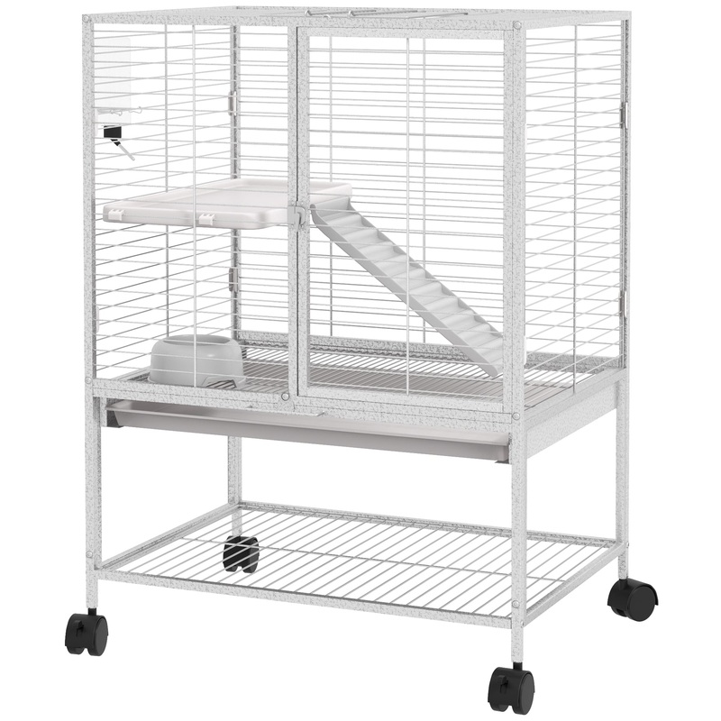 Rolling Small Animal Cage 34H Chinchilla Cage for Ferrets, Squirrels w/ Removable Tray, Storage Shelf, Light Grey