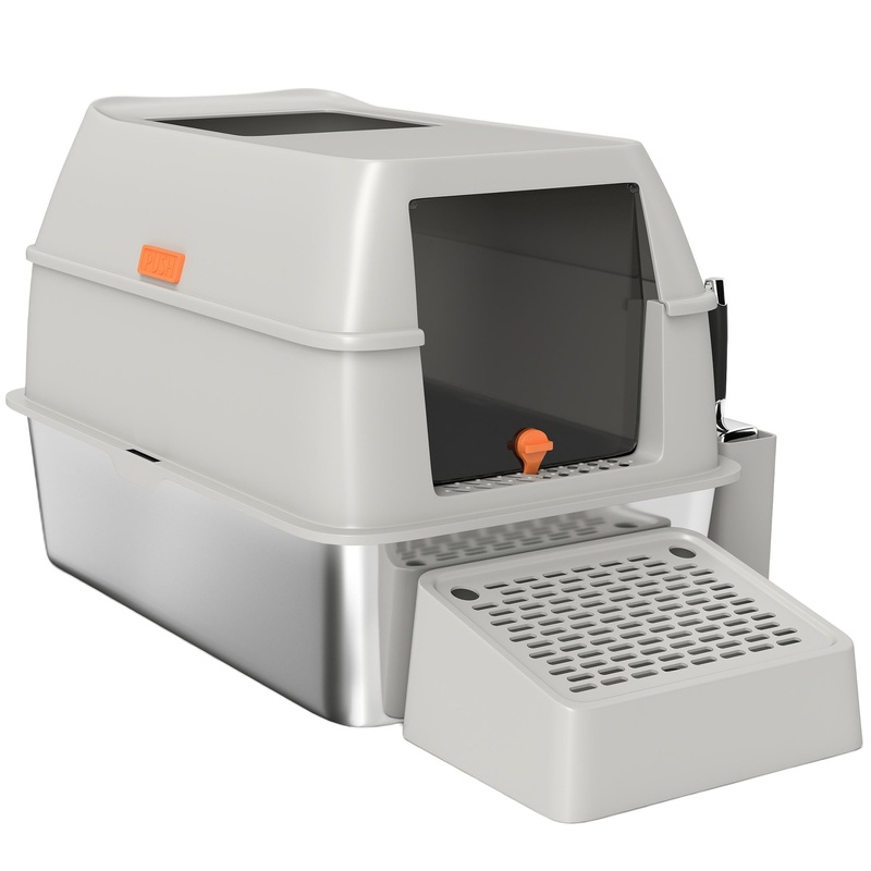 Stainless Steel Cat Litter Box with Lid, High Sided, Scoop, Easy Clean, Non-Sticky &; Anti-Leakage, Light Grey