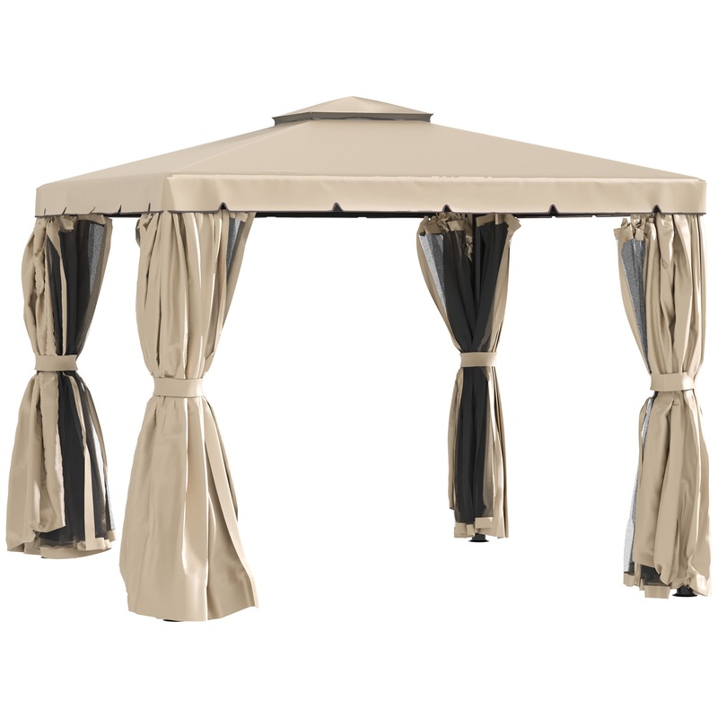 10′ x 10′ Outdoor Patio Gazebo Double Soft-top Garden Shelter Tent with Beautiful Polyester Curtains, &; Mesh Screen Drapes, Khaki