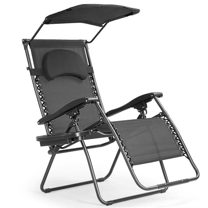 Folding Recliner Lounge Chair w/ Shade Canopy Cup Holder, Black
