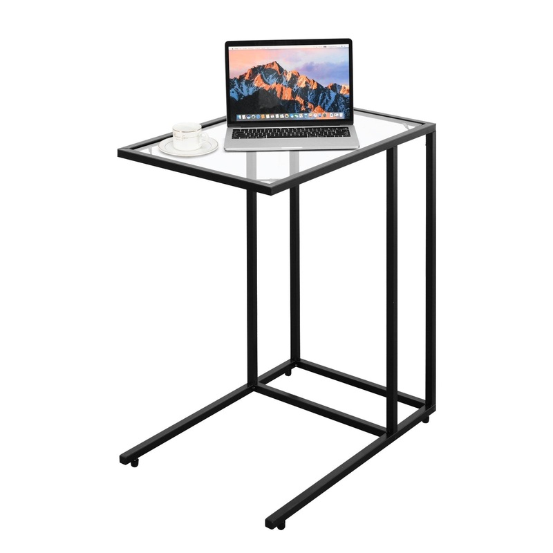 Sofa End Table Coffee Side Table with Glass Top, Black