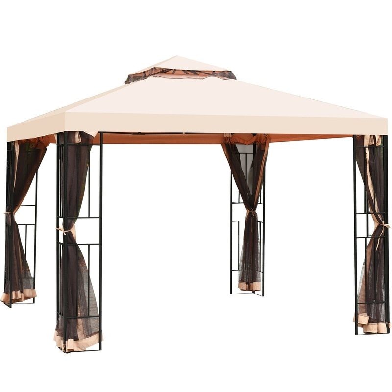 10 x 10 Feet 2-Tier Vented Metal Canopy with Mosquito Netting, Beige