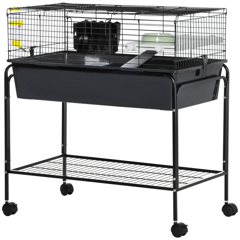 35 Small Animal Cage Rolling Guinea Pig Cage with Detachable Stand, Water Dispenser, Food Dish, Ramp, Wheels, Dark Grey