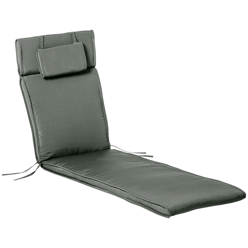 Garden Lounger Chair Cushion, Deep Seat Patio, Thick Padded, Headrest, Removable Cover, Grey