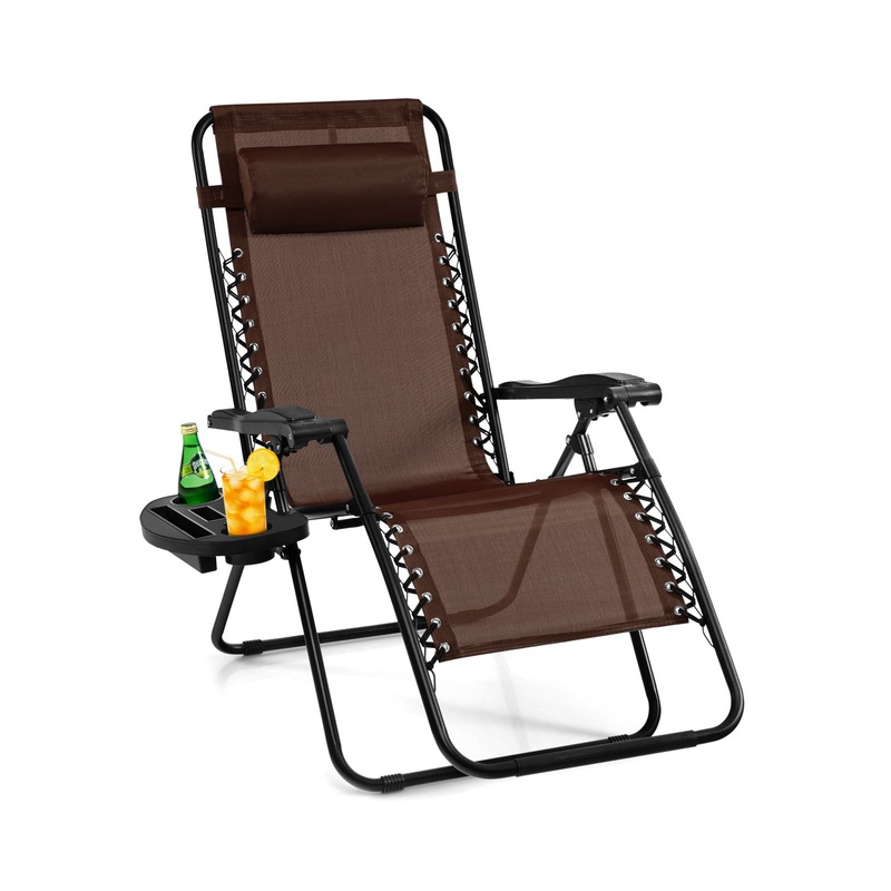 Outdoor Folding Zero Gravity Reclining Lounge Chair with Utility Tray, Brown