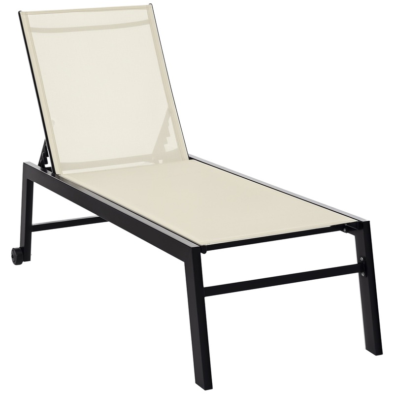 Outdoor Lounge Chair, 5-Position Reclining Backrest, 2 Wheels, Cream White