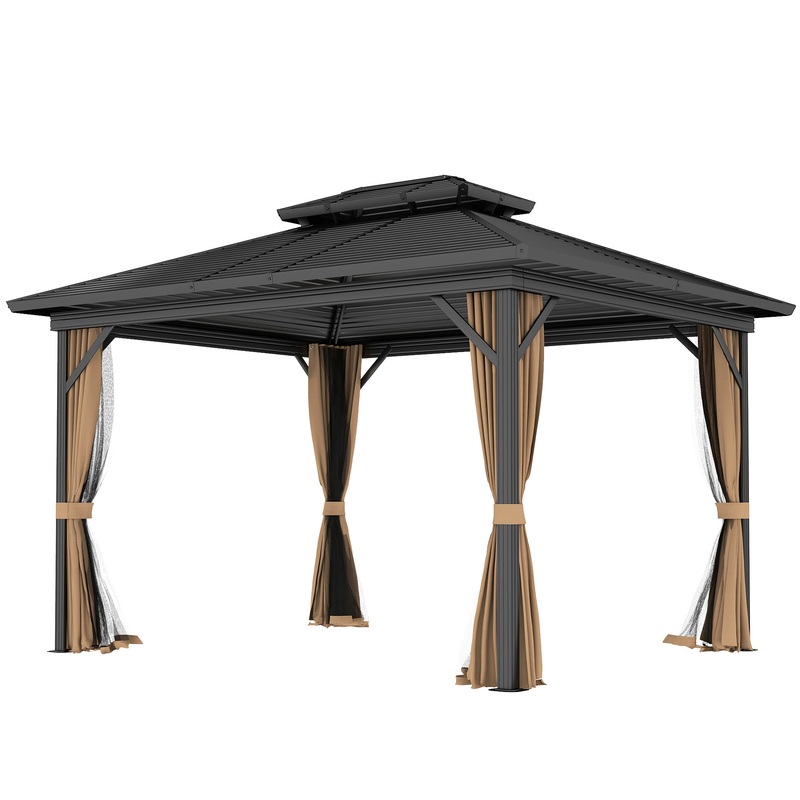 10′ x 12′ Hardtop Gazebo, Sun Shelter with Double Tier Metal Roof, Mosquito Netting, and Hanging Hook, Dark Brown
