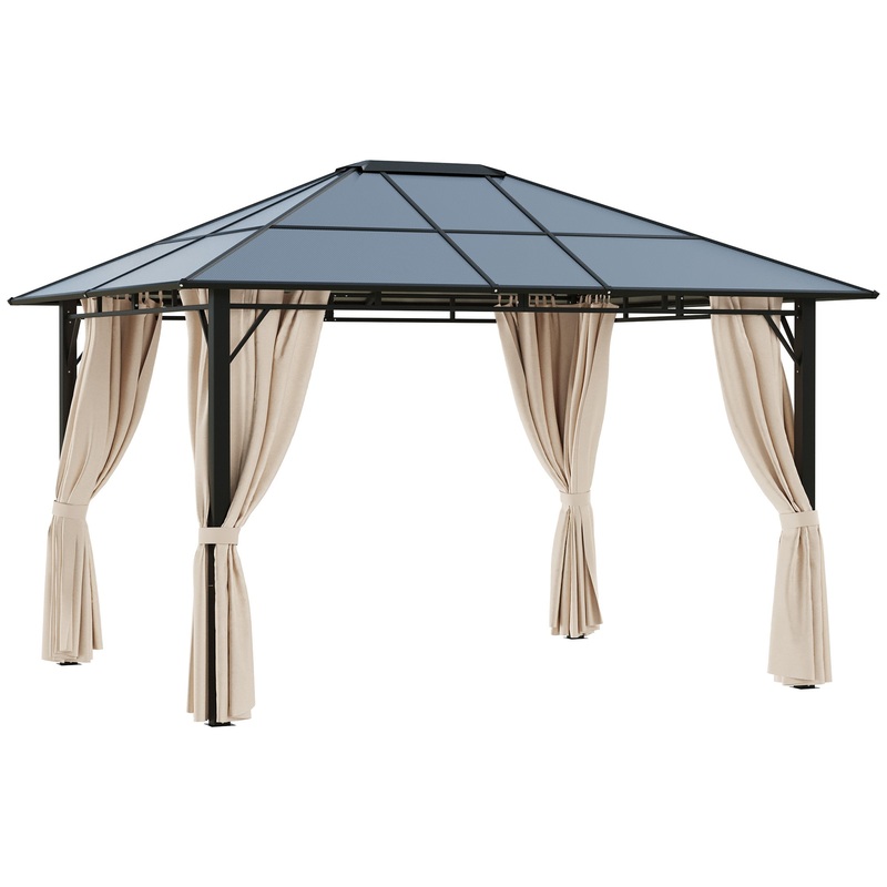 10′ x 12′ Outdoor Hardtop Gazebo with Polycarbonate Panel Roof, Garden Deluxe Pavilion Canopy BBQ Sunshade Shelter with Removable Curtains