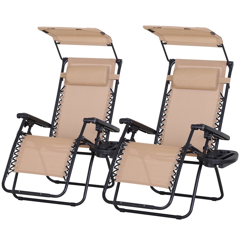 2 Piece Foldable Lounge Chair with Canopy, Outdoor Zero Gravity Chair, Beige