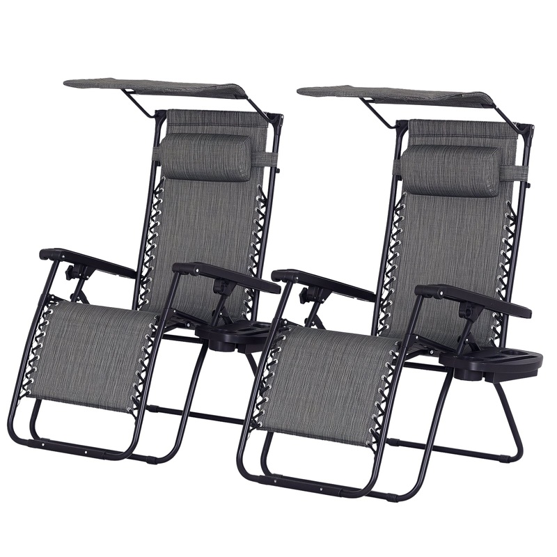 2 Piece Foldable Lounge Chair with Canopy Shade, Outdoor Zero Gravity Chair w/ Side Tray &; Cup Holder, Reclining Lounger w/ Breathable Mesh Fabric Seat, Pillow, Black