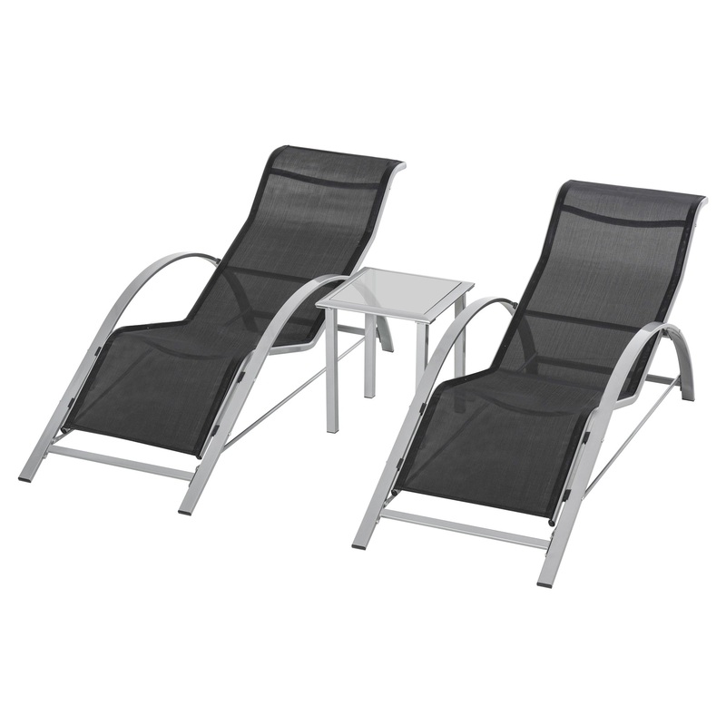 3 Pc Patio Lounge Set, 2 S-Shaped Chairs, Glass Table, Black