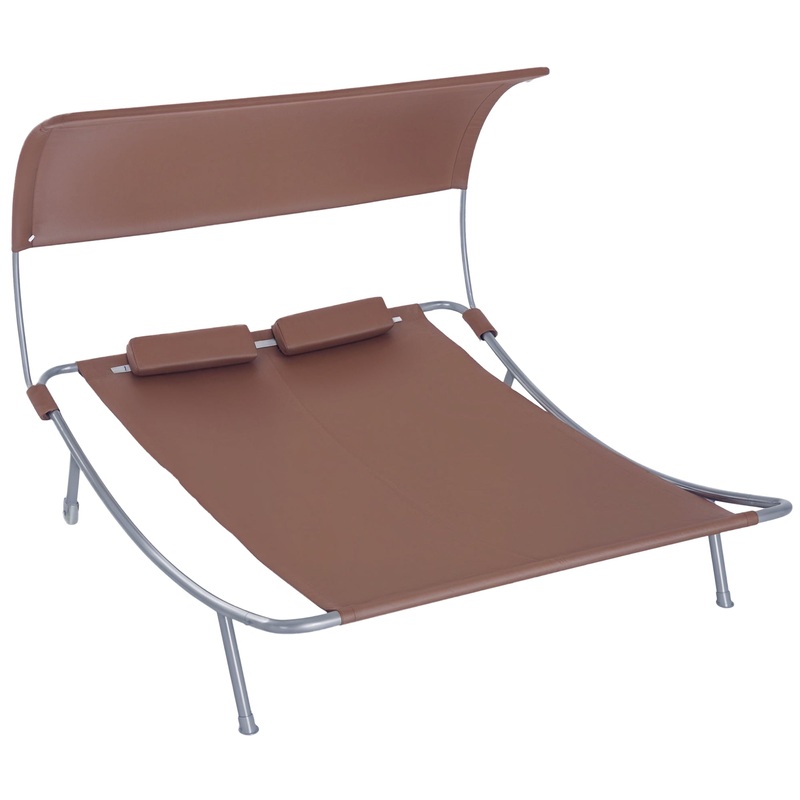 79 Outdoor Lounge Chair with Canopy, Double Chaise Lounger, Brown