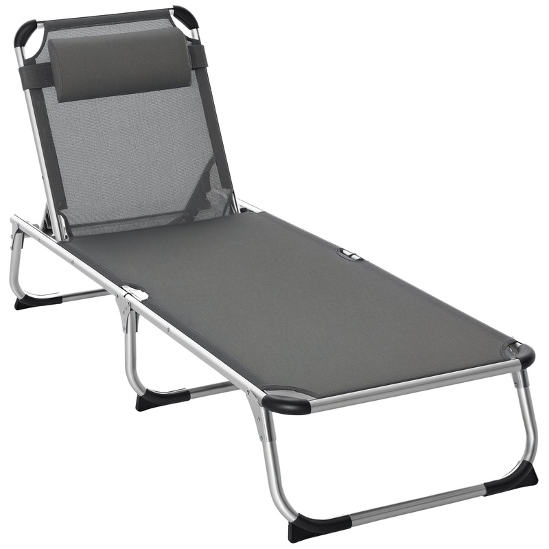 Folding Lounge Chair, Patio Lounger with Headrest, 5-Level Adjustable Backrest, and Aluminum Frame, Grey