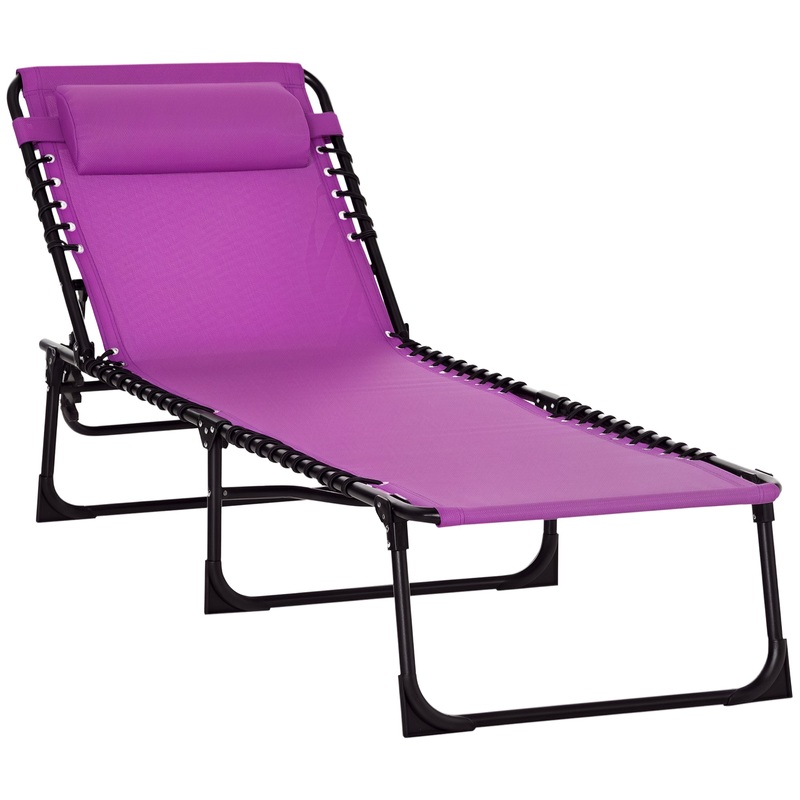 Outdoor Folding Lounge Chair, 4-Level Adjustable Chaise Lounge with Headrest, Tanning Chair Beach Bed, Reclining Lounger Cot for Camping, Hiking, Backyard, Purple