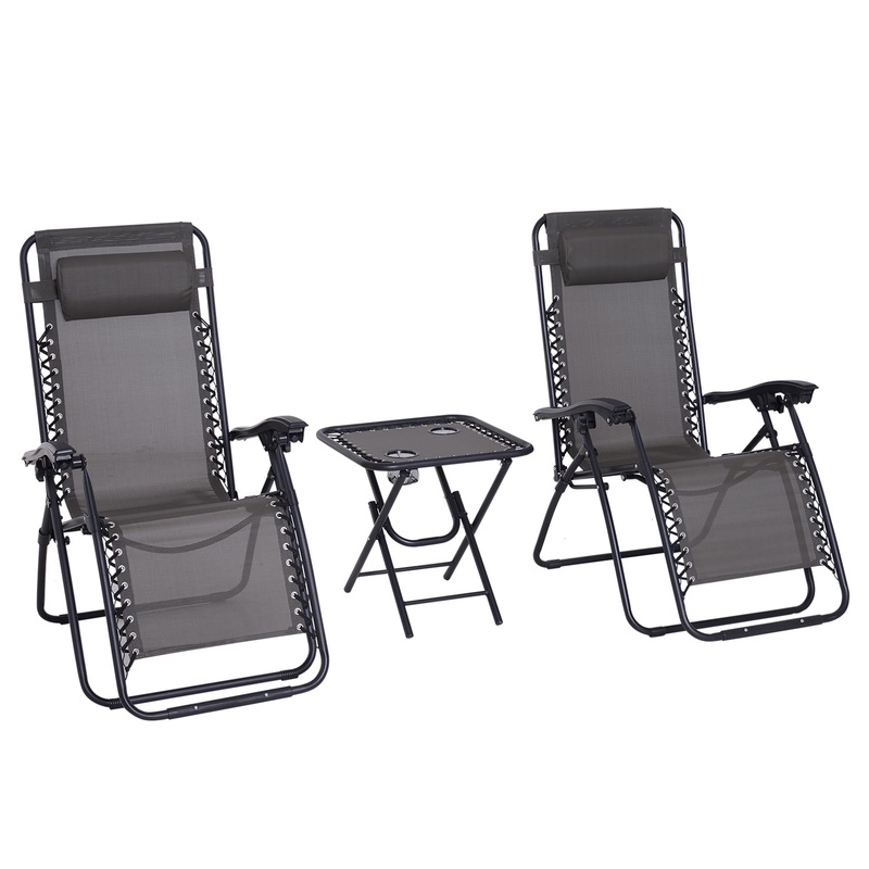Zero Gravity Chair Set of 2 Patio Chair with Side Table Cupholders and Pillows for Pool, Backyard, Lawn, Beach, Grey