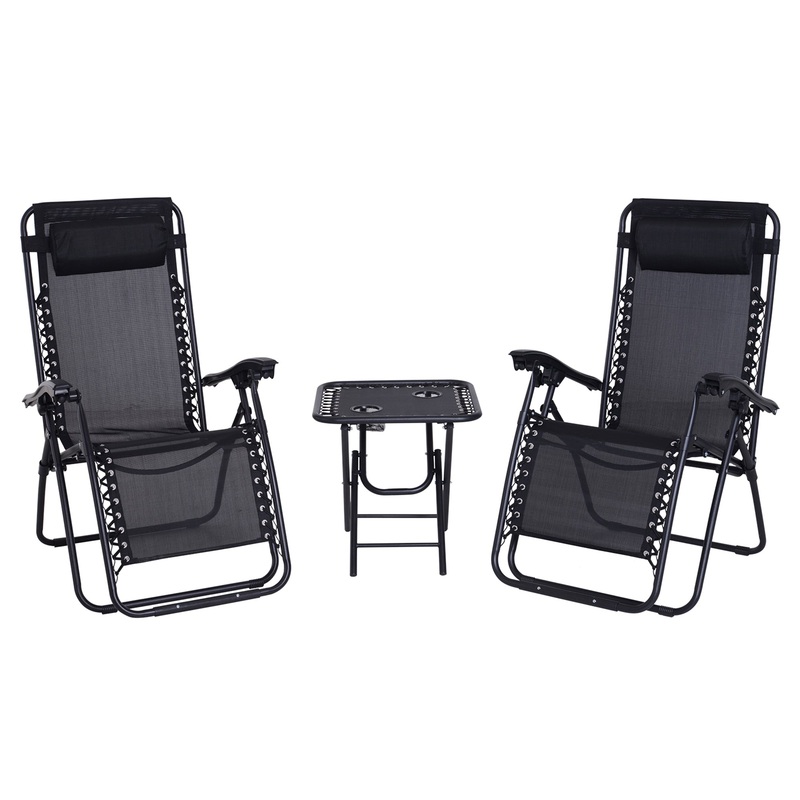 Zero Gravity Chair Set of 2 Patio Chair with Side Table Cupholders and Pillows for Pool, Backyard, Lawn, Black