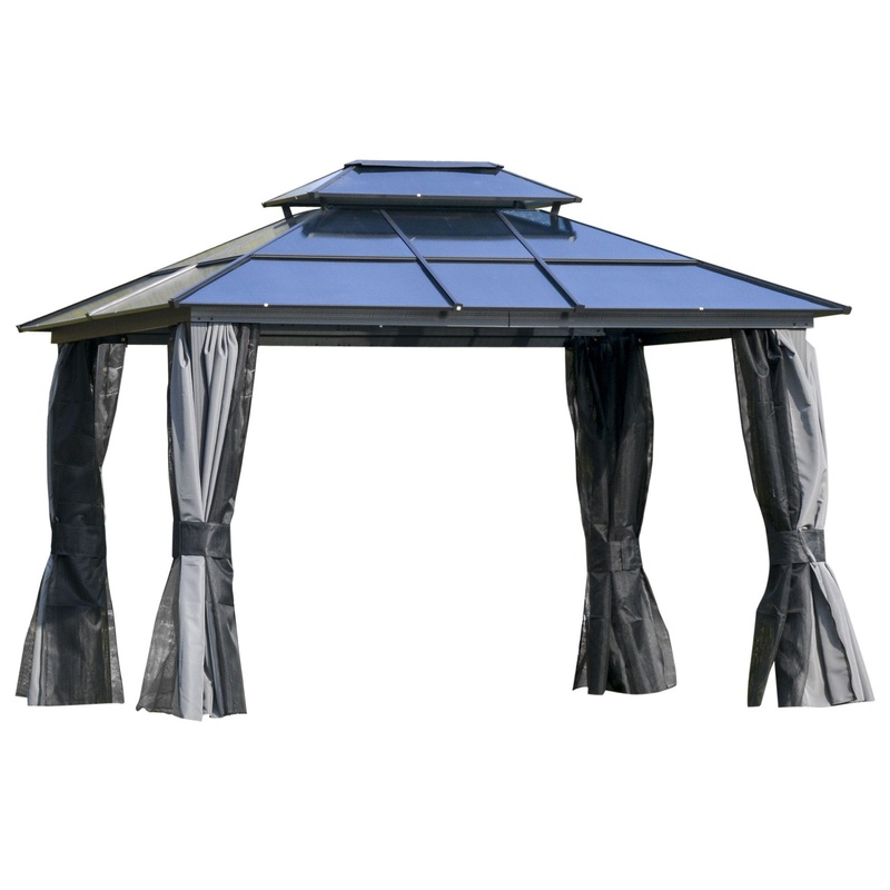 10’x12′ Hardtop Aluminum Gazebo, Double Tier Roof, Black & Grey, Black & Grey