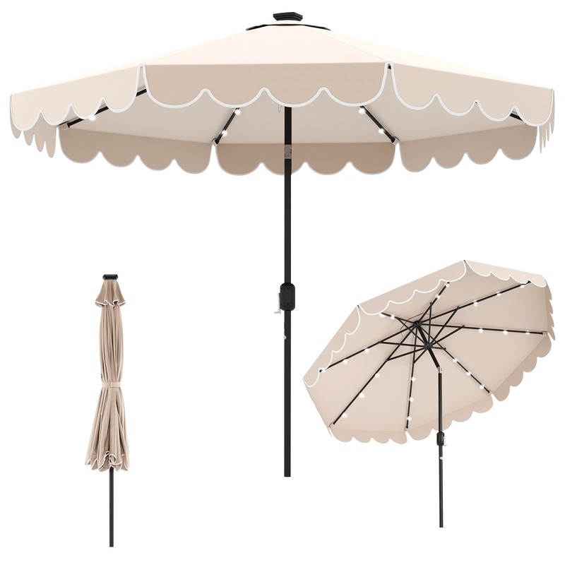 10 Feet Solar Patio Umbrella with 24 LED Lights, Beige