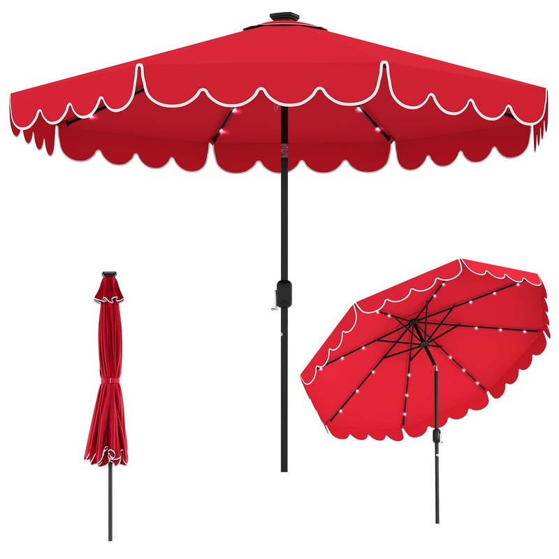 10 Feet Solar Patio Umbrella with 24 LED Lights, Red