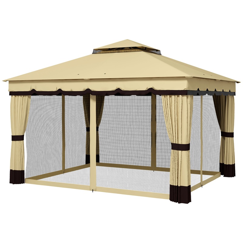 10′ x 12′ Double Roof Patio Gazebo Canopy, Outdoor Gazebo Shelter with Netting &; Curtains, for Garden, Lawn and Deck