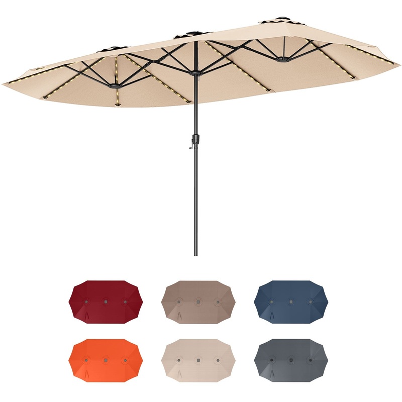 15.5 FT Extra-Large Patio Umbrella with LED Solar Lights and Crank Handle, Beige