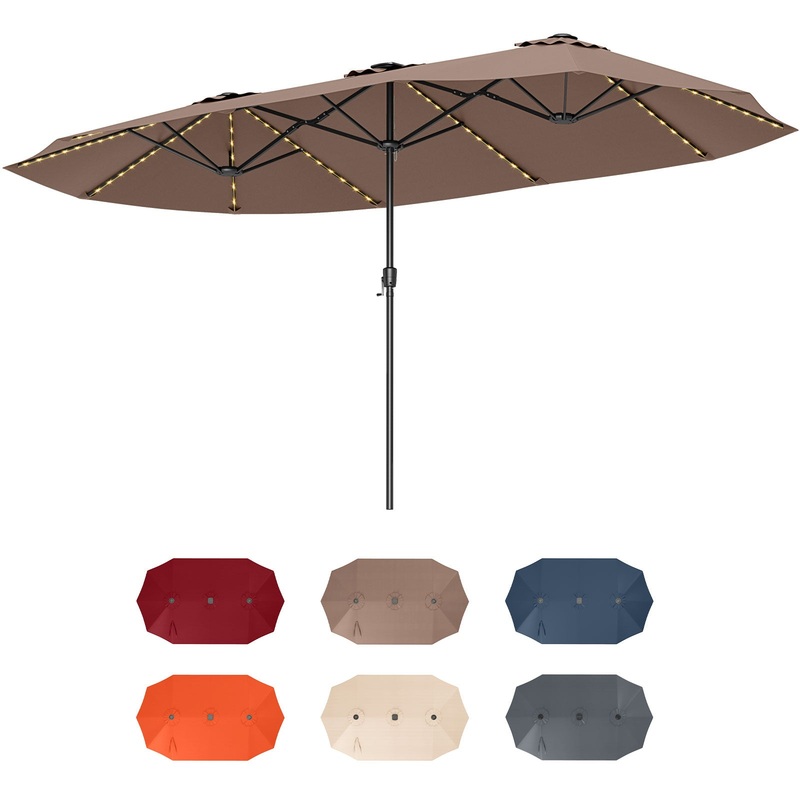 15.5 FT Extra-Large Patio Umbrella with LED Solar Lights and Crank Handle, Brown