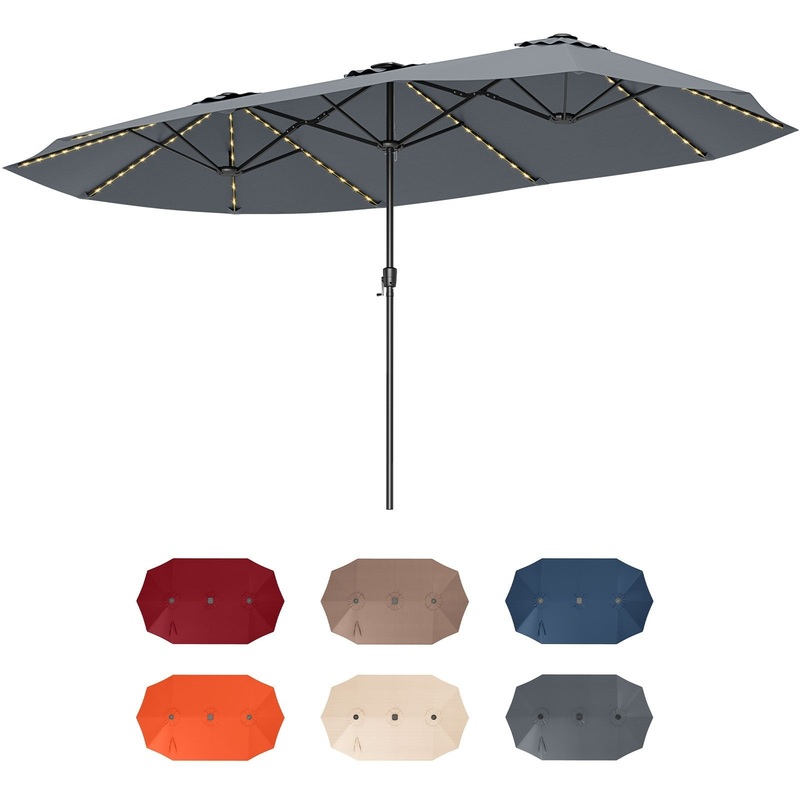 15.5 FT Extra-Large Patio Umbrella with LED Solar Lights and Crank Handle, Gray