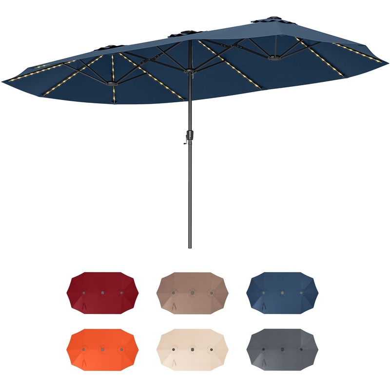 15.5 FT Extra-Large Patio Umbrella with LED Solar Lights and Crank Handle, Navy