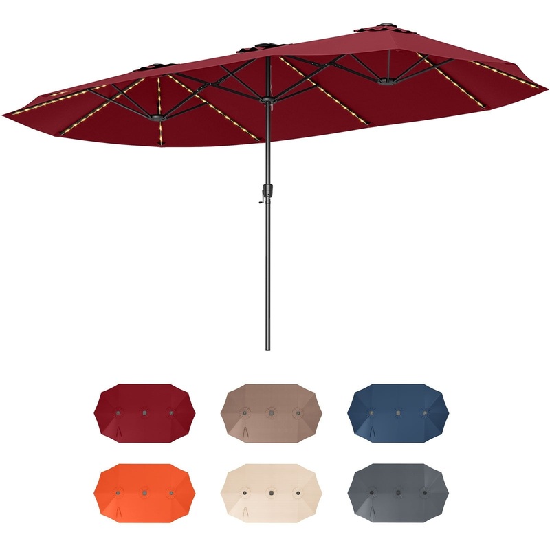 15.5 FT Extra-Large Patio Umbrella with LED Solar Lights and Crank Handle, Red