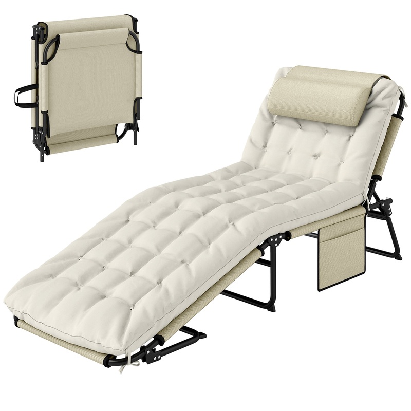 Folding Lounge Chair with 4-level Reclining Back &; Cushion, Beige
