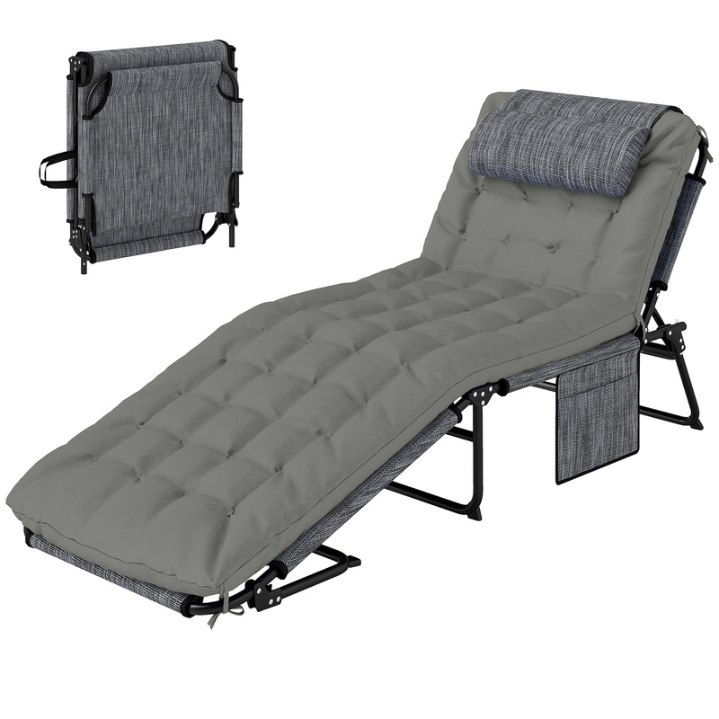 Folding Lounge Chair with 4-level Reclining Back &; Cushion, Grey