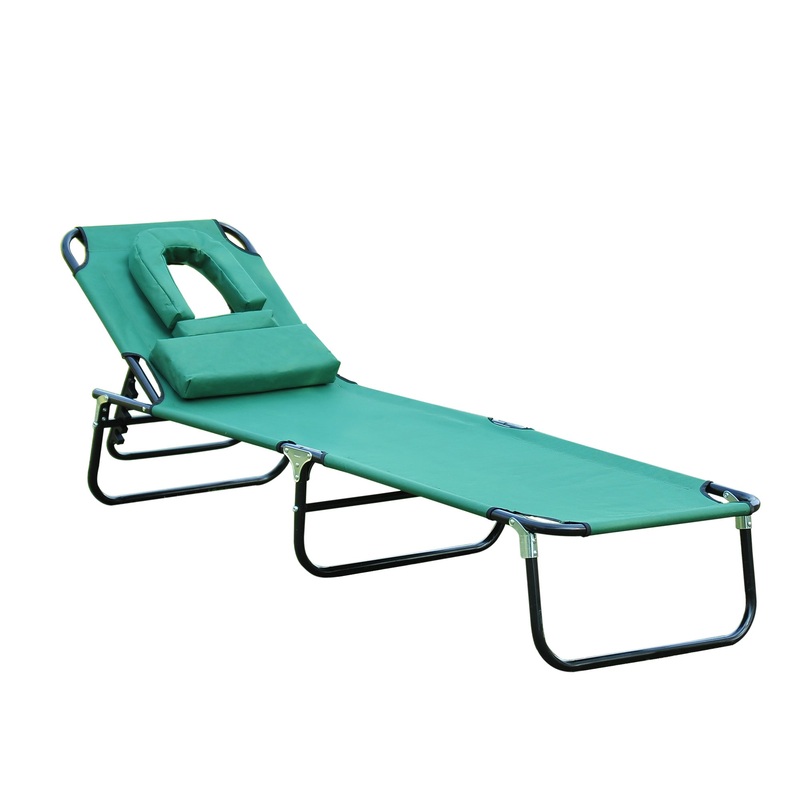 Folding Outdoor Lounge Chair, Portable Reclining Beach Lounger with Face Hole, Detachable Pillow, 3-Position Adjustable Backrest, For Patio, Garden, Poolside, Green