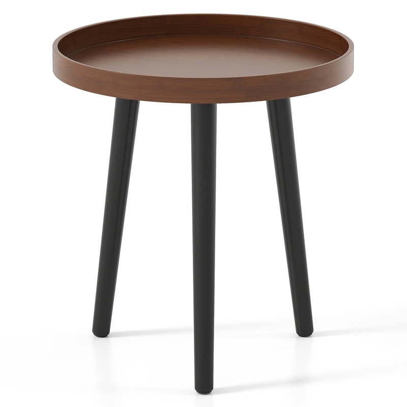 Mid Century Modern Round Side Sofa Coffee Table with Wooden Tray, Brown