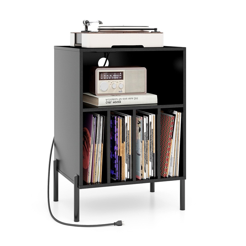 Record Player Stand with Record Storage Shelf and Charging Station, Black