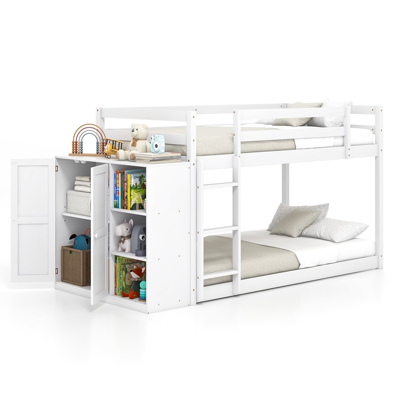 Twin Size Bunk Bed with Convertible Bookcase and Ladder, White