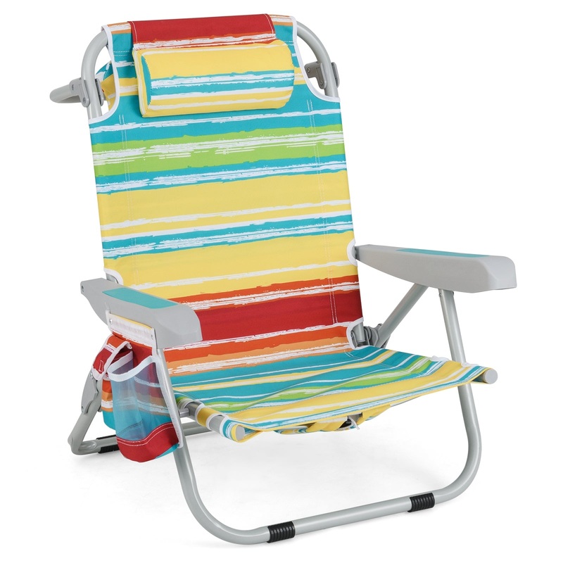 1 Piece Foldable Backpack Beach Chair with Cup Holder and Storage Pockets for Outdoor, Multicolor