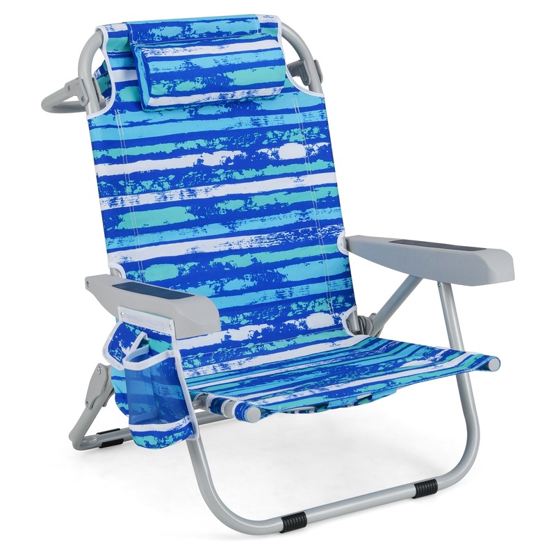 1 Piece Foldable Backpack Beach Chair with Cup Holder and Storage Pockets for Outdoor, Navy