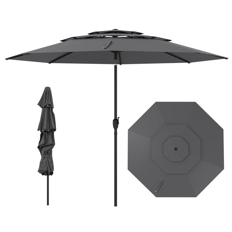 10 ft 3-tier Vented Patio Umbrella with Push Button Tilt, Gray