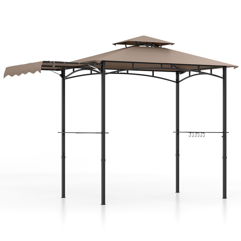 11 x 5 FT Grill Gazebo with Side Awning and Double-Tiered Top, Brown