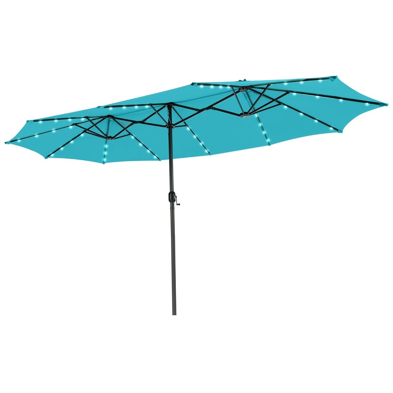 15 Feet Twin Patio Umbrella with 48 Solar LED Lights, Turquoise