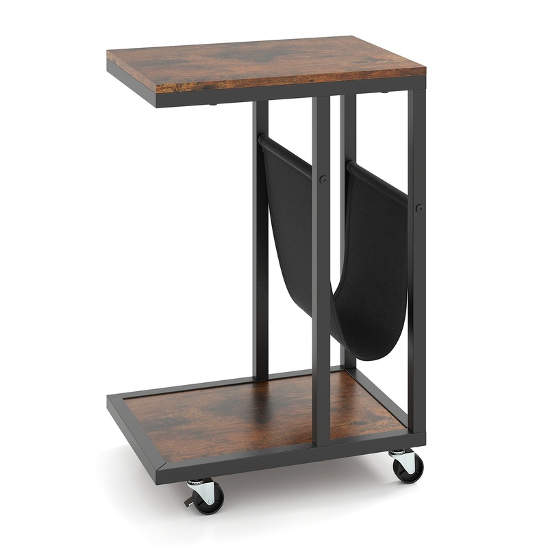 C-shaped Side Table with Canvas Storage Pouch and Metal Frame-Borwn, Brown
