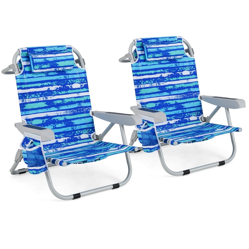 Foldable Backpack Beach Chair with Cup Holder and Storage Pockets Set of 2, Navy