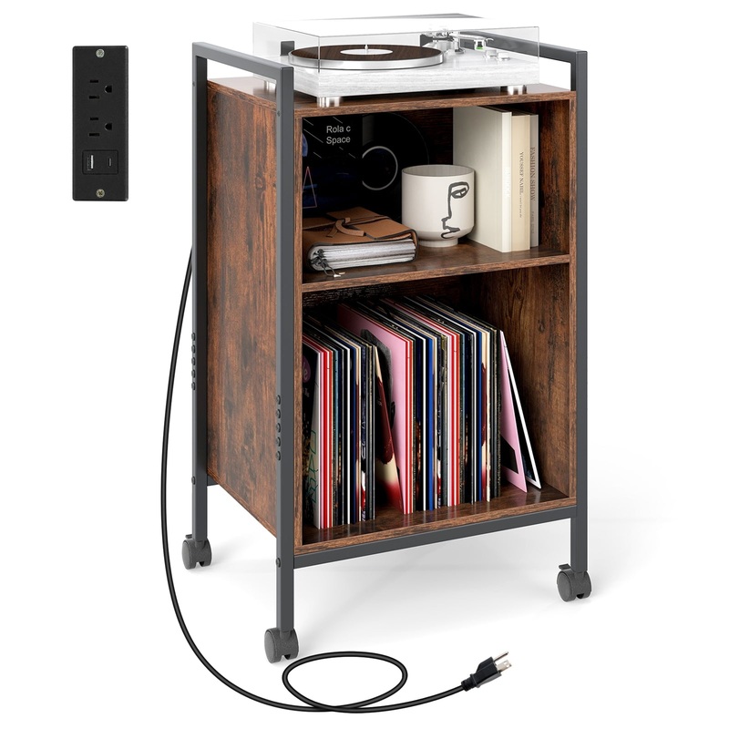 Mobile Record Player Stand with Power Outlet, Rustic Brown
