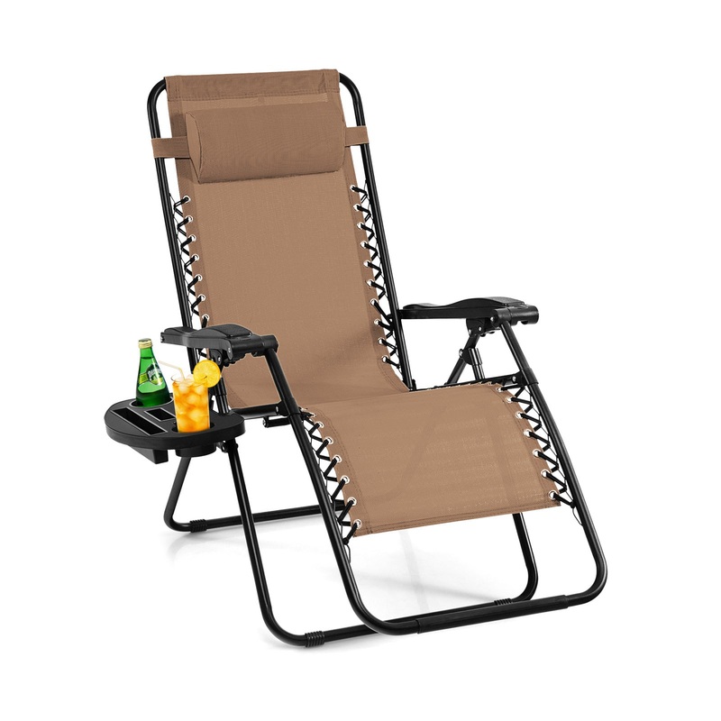 Outdoor Folding Zero Gravity Reclining Lounge Chair with Utility Tray, Beige